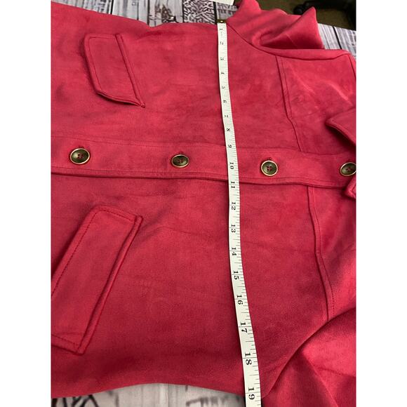 Chicos 0 Faux Suede Jacket Womens S Long Sleeve Collared Front Pockets Magenta - Picture 7 of 12